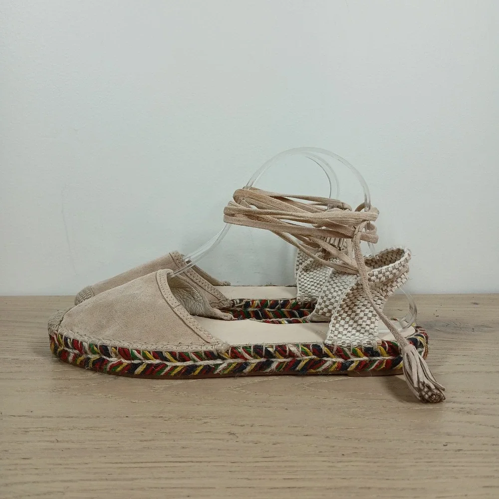 J. Crew Espadrille Women 9 Tan Suede Lace Up Ankle Tie Boho Coastal Summer
